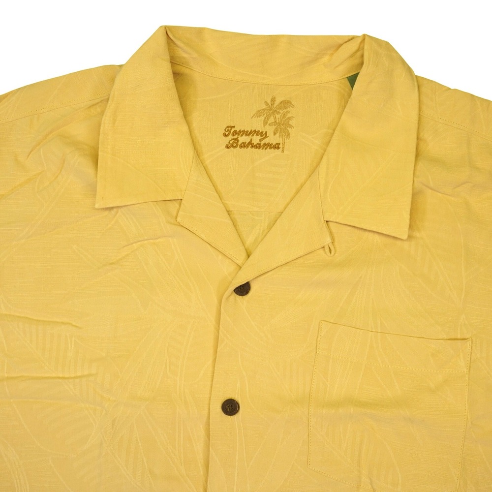 Tommy Bahama Button Down Shirt Mens XL Yellow Silk Jacquard Leaf Camp Collar